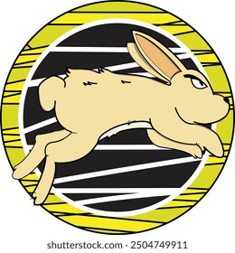 The image features a dynamic, cartoon-style illustration of a rabbit in mid-jump. The rabbit is beige with a determined expression, depicted in an energetic leaping pose. It is set against a circular 