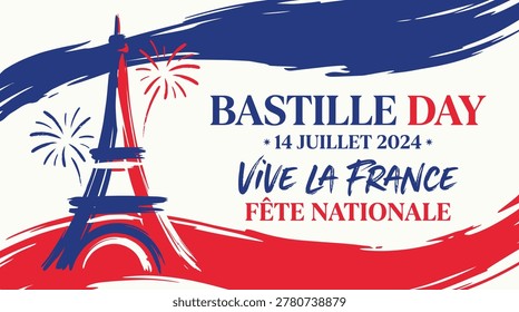 Image features the Eiffel Tower with fireworks celebrating Bastille Day in France.