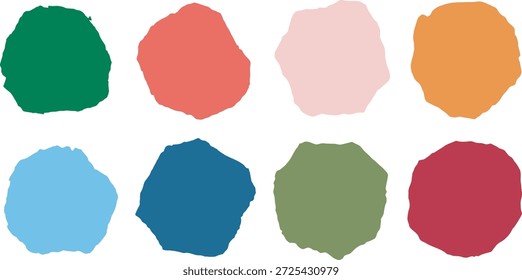 A imagem apresenta oito formas abstratas coloridas exclusivas em duas linhas de quatro em um fundo bege neutro para referência de cor