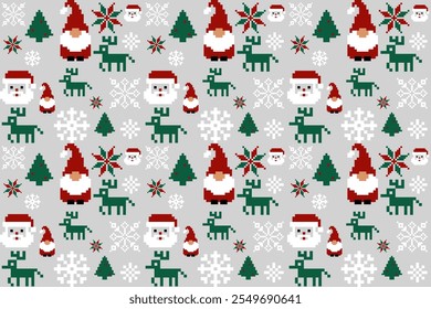 image features a festive Christmas pattern with pixelated designs of Santa Claus, reindeer, snowflakes, Christmas trees, and stars on a white background, resembling a knitted sweater.Vector pattern