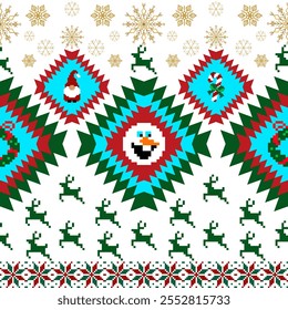 image features a festive Christmas-themed design with colorful patterns. A snowman face is centered, surrounded by decorative elements like reindeer, snowflakes, and holiday symbols. Vector geometric