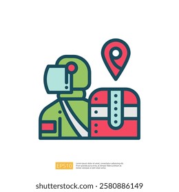 The image features a figure in a protective suit alongside a parcel and a location pin, suggesting themes of delivery and safety in a logistical context.