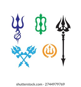 The image features five distinct symbols and tridents in different colors. The top row includes a blue trident on the left and a green symbol in the middle, while a black trident is on the right. The bottom row has a light blue crossed trident design on the left and an orange symbol on the right. The background of the image is white.