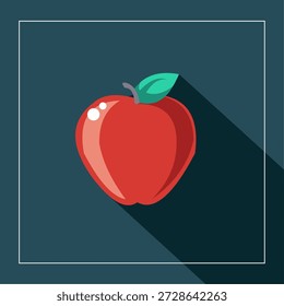 La Imagen presenta una ilustración de diseño plano de una manzana roja con una hoja verde, vista desde el frente. La manzana tiene Formas suaves y redondeadas con reflejos sutiles que le dan un aspecto brillante. Una sombra diagonal larga se extiende hacia la parte inferior derecha, creando un estilo moderno de "sombra larga". La ilustración se coloca sobre un fondo verde azulado oscuro y enmarcado con un delgado borde cuadrado blanco, lo que le da un aspecto limpio, minimalista y contemporáneo adecuado para iconos o marca.