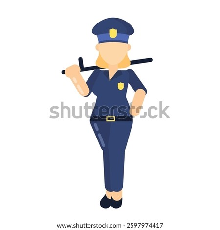 The image features a flat-style illustration of a police officer in a dark blue uniform, wearing a cap with a badge