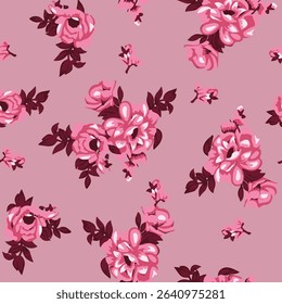The image features a floral pattern predominantly in pink and purple hues. It showcases various flowers and leaves, likely on fabric or wrapping paper. The design is vibrant and illustrative.