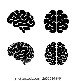 Image features four black brain silhouette designs on white. Anatomy symbols showcase the cerebral cortex, conveying complex thoughts and ideas.