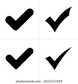 A imagem apresenta quatro ícones de marca de seleção pretos em dois estilos distintos, definidos contra um plano de fundo branco limpo, ideal para temas de aprovação e conclusão.