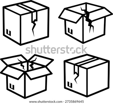 The image features four black and white line drawings of boxes, each depicting different types of damage or opening mechanisms. The top left box shows a vertical crack running down the middle. The top right box has a diagonal crack starting from the top left corner. The bottom left box is open with its lid flipped to the side, revealing the inside. The bottom right box is sealed but has a horizontal crack near the bottom.