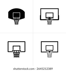 Image features four distinct, black and white basketball hoop designs with backboards, set against a clean, white background, perfect for sports-themed graphics.