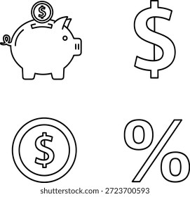 La Imagen presenta cuatro íconos financieros distintos. El ícono superior izquierdo es una hucha con una moneda en la parte superior, que simboliza el ahorro. El icono superior derecho es un signo de dólar, que representa la moneda. El ícono inferior izquierdo es una moneda con un signo de dólar impreso en ella, que también significa dinero. El icono inferior derecho es un signo de porcentaje, que indica los tipos de interés o las tasas. Estos iconos representan colectivamente varios aspectos de las finanzas y el ahorro.
