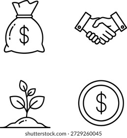 A imagem apresenta quatro ícones distintos que representam coletivamente o crescimento financeiro, o investimento e a parceria. O primeiro ícone é um saco de dinheiro, simbolizando riqueza e poupança. O segundo ícone é um handshake, indicando parceria e acordo. O terceiro ícone é uma planta em crescimento, representando crescimento e desenvolvimento. O quarto ícone é uma moeda com um sinal de dólar, que significa moeda e investimento.