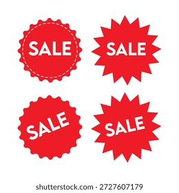 The image features four distinct red sale labels arranged in a 2x2 grid. Each label prominently displays the word 'SALE' in white text. The top-left label is circular with a scalloped edge, the top-right label is starburst-shaped with jagged edges, the bottom-left label is circular with a serrated edge.