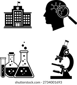 A imagem apresenta quatro ícones representando diferentes aspectos da pesquisa acadêmica e da exploração científica. O primeiro ícone representa um edifício de vários andares, simbolizando instituições como universidades ou centros de pesquisa. O segundo ícone mostra uma cabeça humana com uma lupa, representando o processo de pensar e analisar. O terceiro ícone exibe dois frascos de laboratório com líquido borbulhante, significando experimentos e processos químicos. O quarto ícone é um microscópio, indicando observação e estudo científico detalhado.