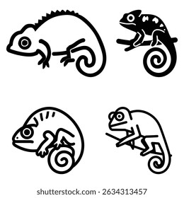 A imagem apresenta quatro contornos de camaleão minimalistas, cada um posicionado em um galho, renderizado em linhas pretas sólidas contra um fundo transparente. Cada camaleão tem uma pose única.