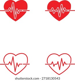 La Imagen presenta cuatro íconos rojos del corazón, cada uno mostrando líneas de electrocardiograma a través del centro. Estos símbolos representan los signos vitales, el control de la salud y el ritmo cardíaco. profesional de alta calidad detallado