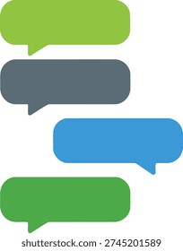 The image features four speech bubbles in different colors: green, dark gray, blue, and light green. They are arranged vertically, with each bubble positioned slightly to the right of the one above it, creating a sense of a flowing conversation.