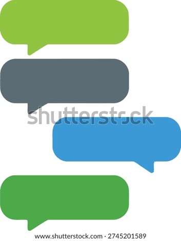 The image features four speech bubbles in different colors: green, dark gray, blue, and light green. They are arranged vertically, with each bubble positioned slightly to the right of the one above it, creating a sense of a flowing conversation.