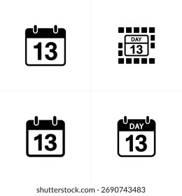The image features four variations of a calendar icon. Each icon displays the number 13, with some also including the word DAY in a simple, black and white design.