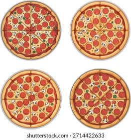 La Imagen presenta cuatro pizzas enteras, cortadas en rodajas, mostrando una variedad de ingredientes en cada una, probablemente queso, tomates y hierbas.