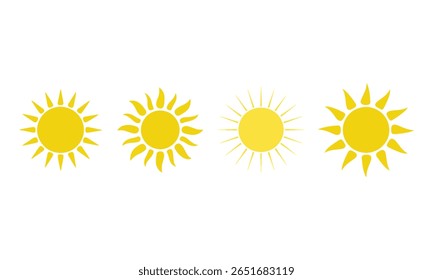 A imagem apresenta quatro ícones amarelos do sol com estilos de raio variados contra um pano de fundo transparente. Útil para temas de verão e elementos de design climático.