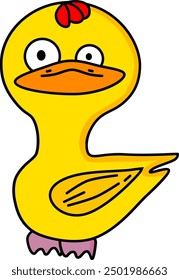 The image features a funny cartoon character in the form of a yellow duck with large eyes, a wide orange beak, and a red comb on its head. The duck has a simplified design and stands on its back legs.