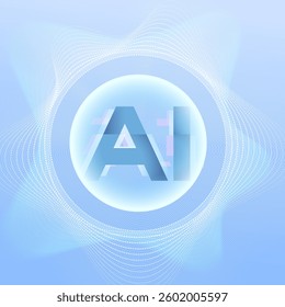 The image features a futuristic AI concept with a glowing "AI" text inside a sphere, surrounded by abstract digital waves. The background is light blue with smooth gradients.