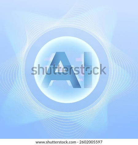 The image features a futuristic AI concept with a glowing "AI" text inside a sphere, surrounded by abstract digital waves. The background is light blue with smooth gradients.