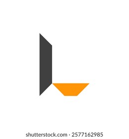 The image features a geometric abstract design formed by two intersecting shapes. One shape is a vertical rectangle in dark gray, and the other is a triangular shape in orange that extends horizontall
