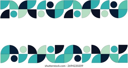 A imagem apresenta um padrão geométrico com círculos e formas curvas em tons de azul e verde.