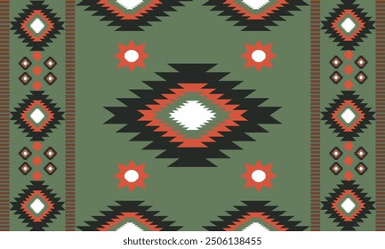 The image features a geometric pattern set against an olive green background. The design is centered around large, diamond-shaped motifs with sharp, zigzag edges in black, orange, and white. 