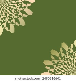 The image features a geometric pattern in shades of green and beige, forming a floral-like design in each corner. The background is a solid, muted green. The overall impression is one of elegance.