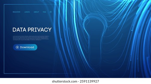 The image features a glowing blue lock made of contour lines representing data privacy, protection, and secure networks. It highlights technological encryption and security concepts.