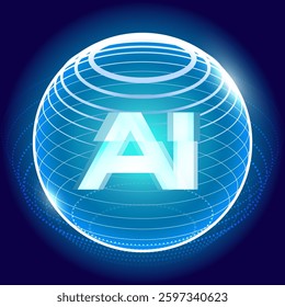 The image features a glowing, futuristic sphere with a wireframe design, symbolizing artificial intelligence. The bold "AI" text is illuminated in bright blue, enhancing the digital aesthetic.