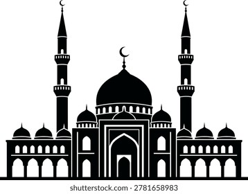 The image features a grand mosque set against a plain white background. It is characterized by its symmetrical architecture, featuring a large central dome flanked by several smaller domes and two prominent, slender minarets. Each major peak is topped with a crescent moon symbol. The structure includes intricate arched doorways and windows, creating a traditional yet modern graphic look. The use of solid black fills and thin white outlines gives it a sharp, professional aesthetic suitable for logos or icons.