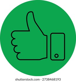 The image features a green circle with a thumbs up hand gesture and a smartphone inside it. The thumbs up is outlined in black and the smartphone is depicted with a camera lens on the back.