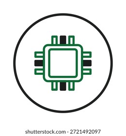 La Imagen presenta un diagrama de placa de circuito verde dentro de un círculo que simboliza la tecnología, el microchip, el sistema de red digital y el procesamiento informático. Destacar la innovación, el avance y la complejidad