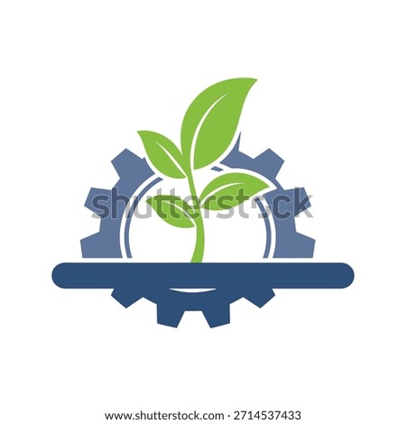 The image features a green plant sprouting from a gear, symbolizing growth and innovation. The gear represents machinery and industry, while the plant signifies development and progress. This combinat