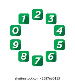 The image features green square tiles arranged in a circular pattern, each containing a white number from 0 to 9 in sequence