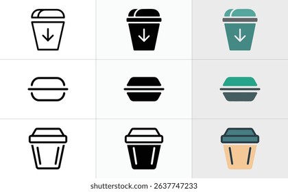 An image features a grid with icons of a trash bin containing a downward arrow and a lidded box, presented in line art, solid black, and color styles.