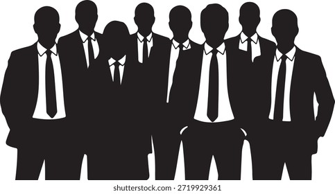 Imagen presenta un grupo de hombres de negocios de pie hombro con hombro, todos en trajes negros y corbatas, sus siluetas contrastan fuertemente contra un telón de fondo blanco.