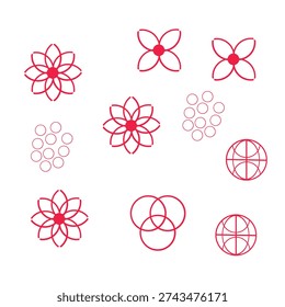 the image features a group of red designs on a white background including flowers with multiple petals and circular shapes some of the flowers have rounded petals while others are more geometric the circular designs include overlapping circles and globe-like patterns