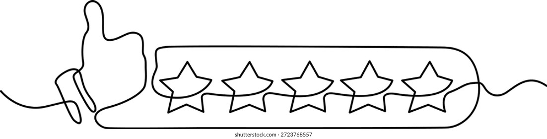 A imagem apresenta uma mão dando um gesto de polegar para cima ao lado de uma série de cinco estrelas dispostas em uma fileira. As estrelas estão dentro de uma forma alongada e oval, sugerindo um sistema de classificação ou revisão. Essa representação visual é comumente usada para indicar alta aprovação ou uma pontuação perfeita.