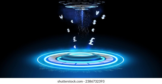 La imagen presenta elementos holográficos y diferentes símbolos monetarios incluyendo el dólar, la libra, el euro y el yen. Es adecuado para su uso en proyectos financieros y tecnológicos.