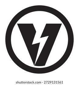 The image features the iconic logo for the film 'V for Vendetta.' The logo consists of a large letter 'V' enclosed within a circle. The 'V' is stylized with a lightning bolt running through its center, symbolizing the character V's use of electricity and his rebellious nature. The design is in stark black and white, emphasizing the themes of duality and revolution.