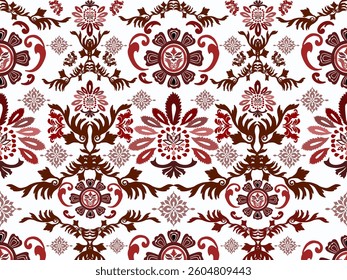 The image features an intricate and symmetrical floral pattern inspired by vintage or baroque-style designs. The motifs are predominantly in shades of red and brown, set against a white background.