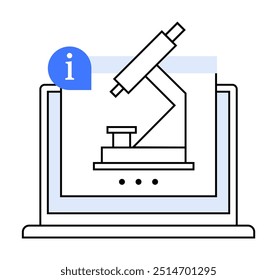 A imagem mostra um laptop com um microscópio na tela, um ícone com informações azuis e três pontos abaixo. Temas: ciência, tecnologia, pesquisa, educação, gráficos vetoriais.