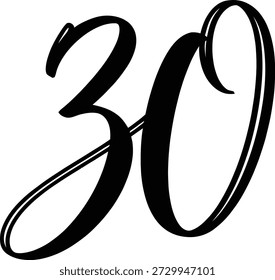 A imagem apresenta um grande, preto, cursivo-estilo número 30 centrado em um fundo branco liso, sem detalhes adicionais ou enfeites.