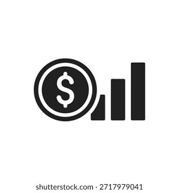 A imagem apresenta uma grande moeda com um símbolo de dólar no centro, simbolizando a riqueza e o sucesso financeiro. À direita da moeda, há três barras verticais formando um gráfico de barras, que indica crescimento e aumento do desempenho financeiro. O desenho geral sugere progresso financeiro e prosperidade.