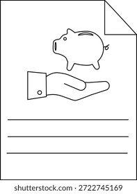 La Imagen presenta un dibujo de una hucha sobre una mano en un documento con líneas sobre un fondo blanco